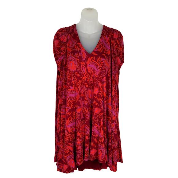 Free People HELLO LOVER Floral Ruched Long Sleeve Flowy Tunic Top Dress in Red M - Picture 6 of 10